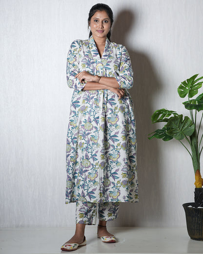 White Floral Hand block Kurta Set