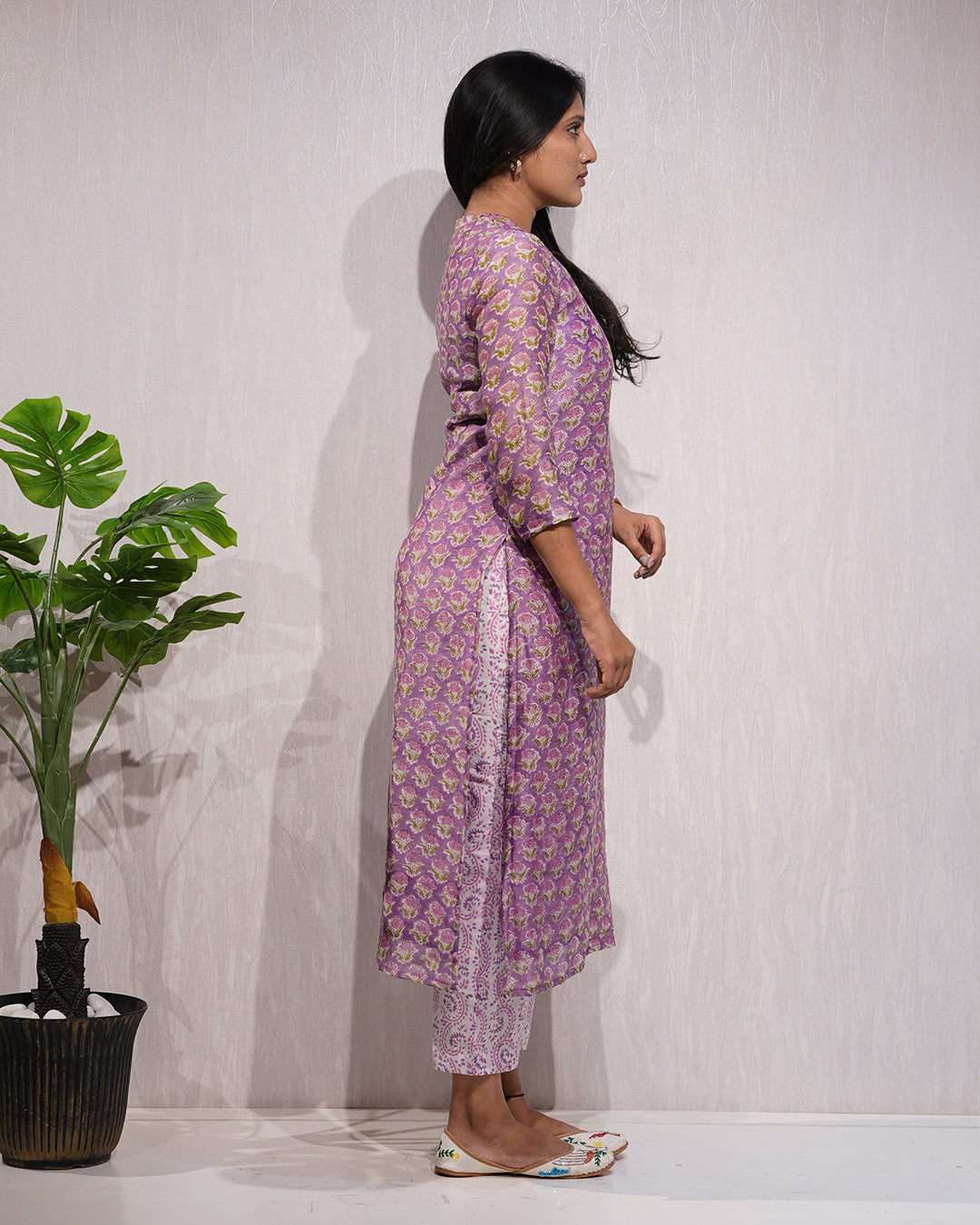 Lavender Handblock-Style Printed Cotton Suit Set
