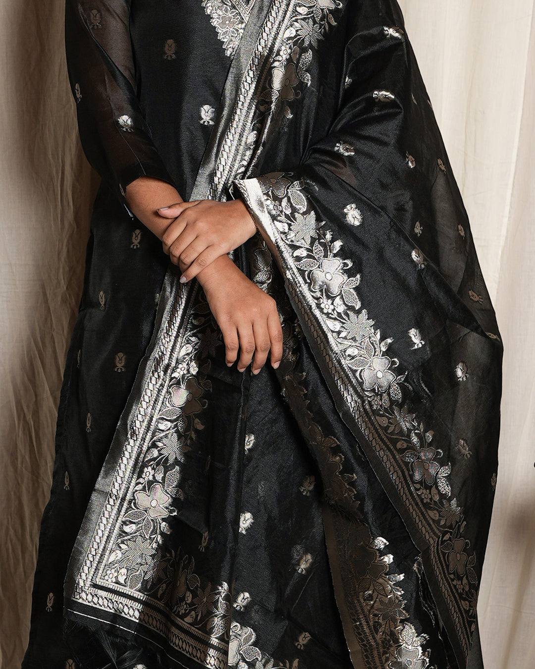Black Handblock-Style Printed Banaras chanderi set