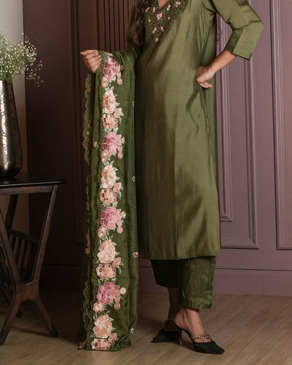 Olive Green Floral Embroidered Suit Set