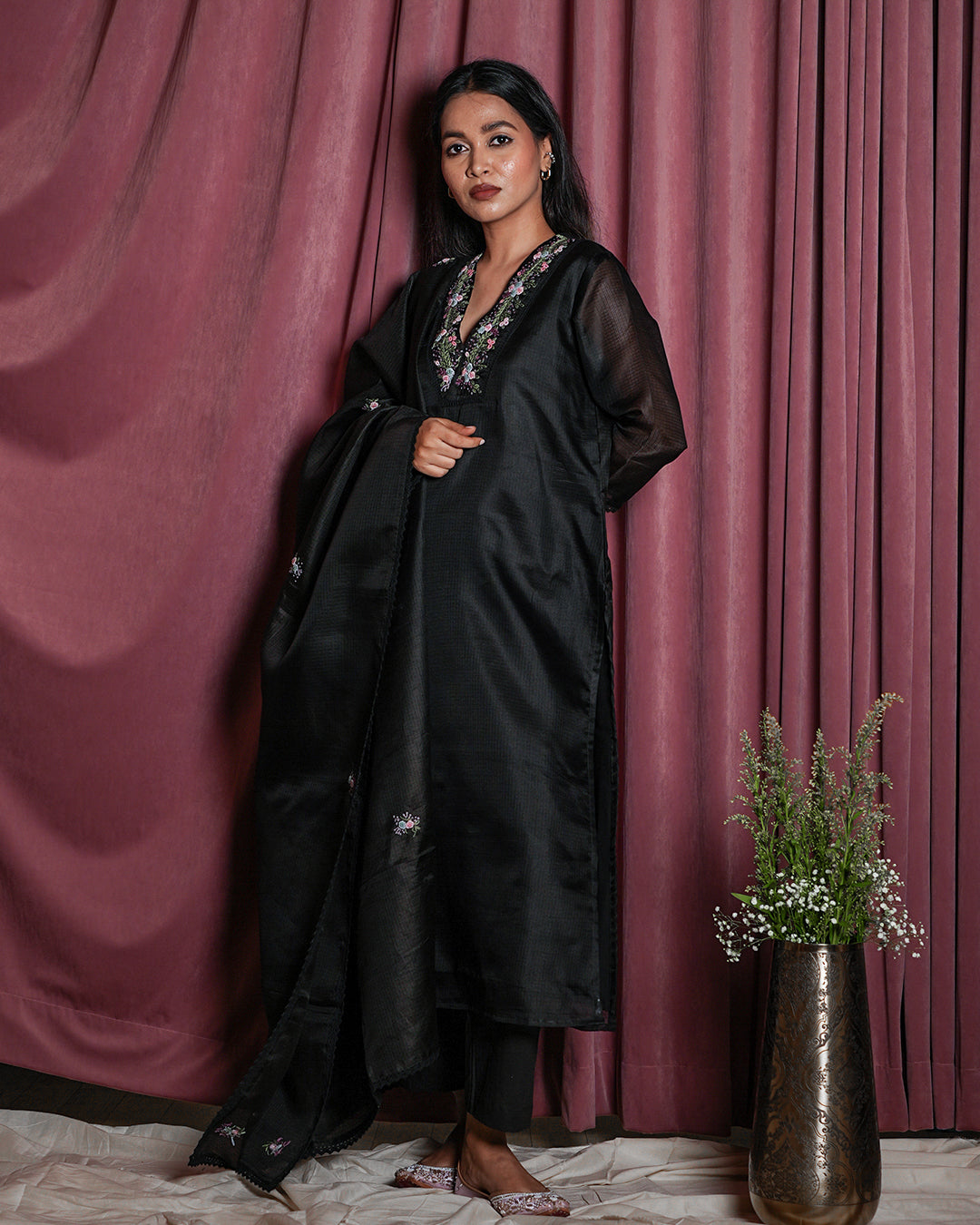 Black Floral-Embroidered Yoke Suit Set