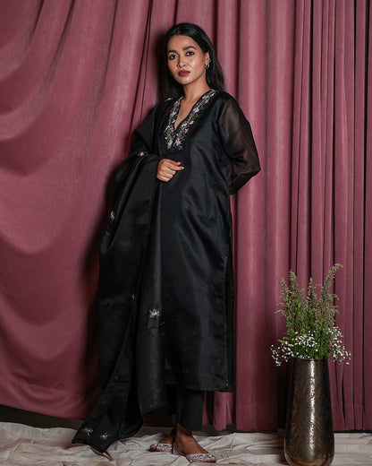 Black Floral-Embroidered Yoke Suit Set