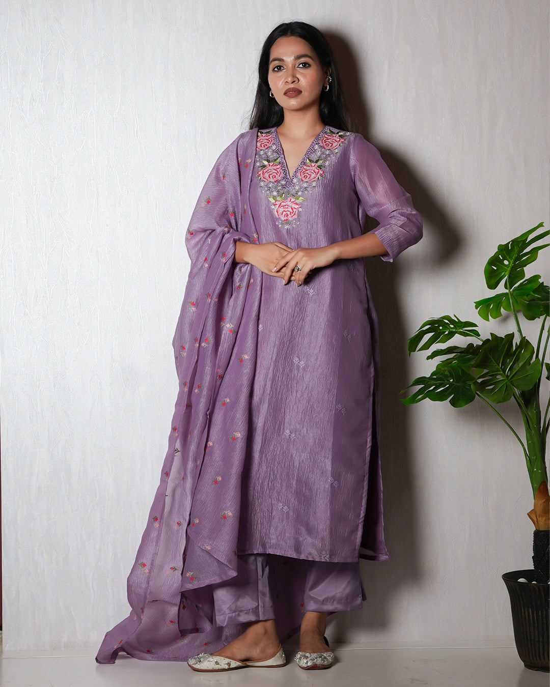 Lavender Silk-Blend Embroidered Suit Set