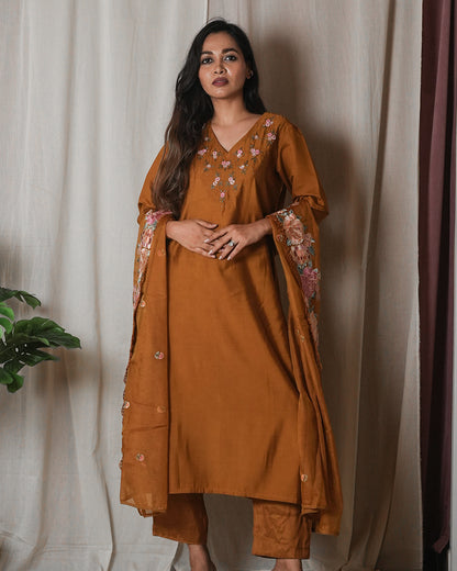 Rust Brown Floral-Embroidered Suit Set