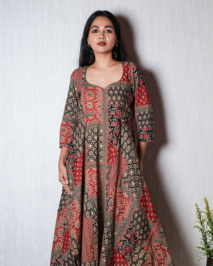 Black &amp; Red Patch-Print Anarkali Kurta