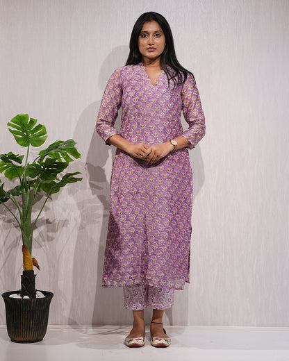 Lavender Handblock-Style Printed Cotton Suit Set