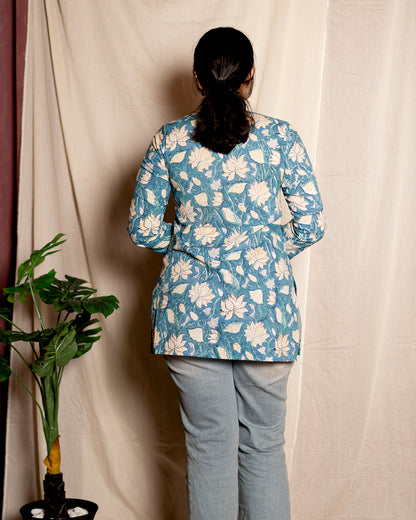 Blue Floral Printed Short Kurta