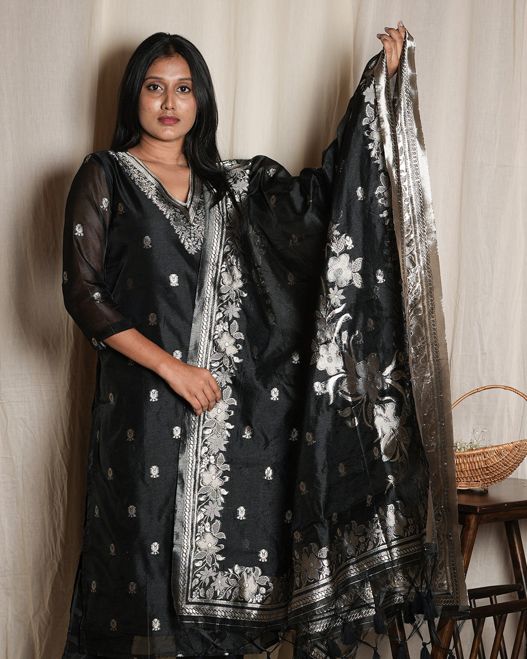 Black Handblock-Style Printed Banaras chanderi set