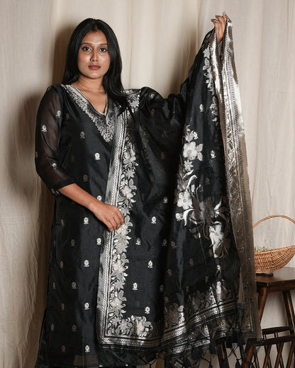 Black Handblock-Style Printed Cotton Suit Set