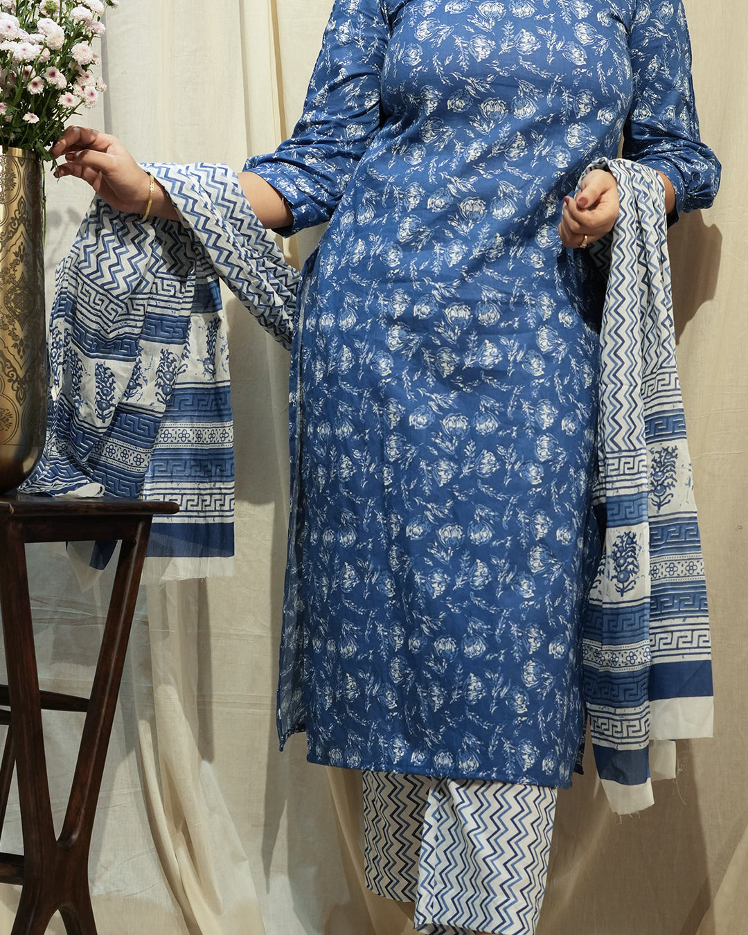 Blue Handblock-Style Printed Kurta Set with Dupatta