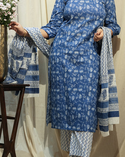 Blue Handblock-Style Printed Kurta Set with Dupatta