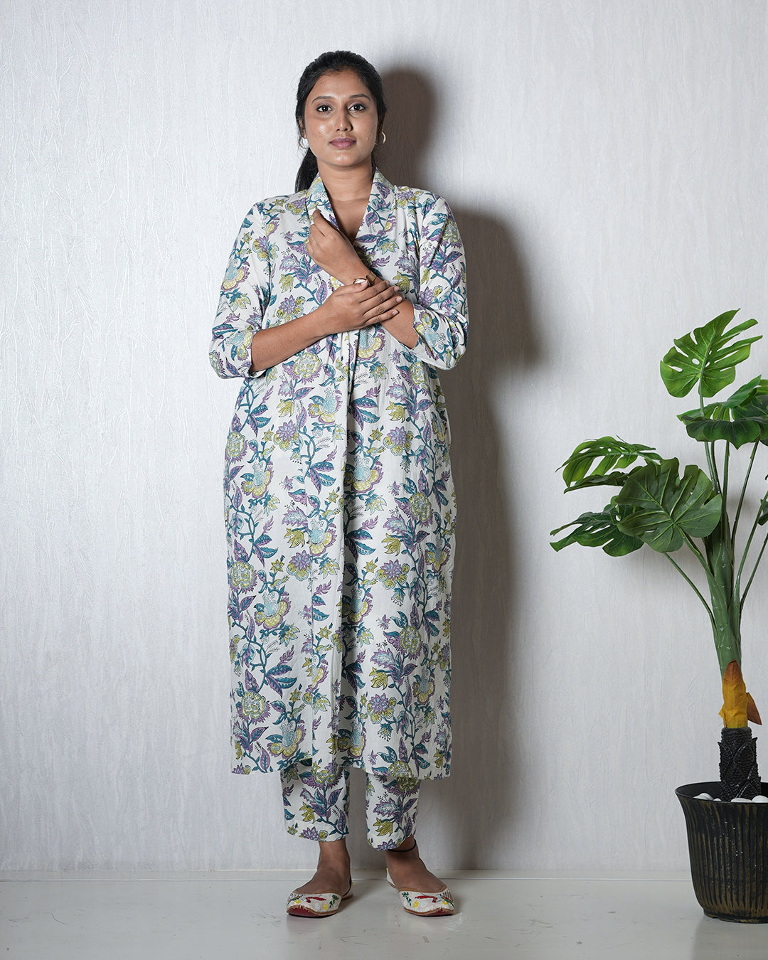 White Floral Hand block Kurta Set