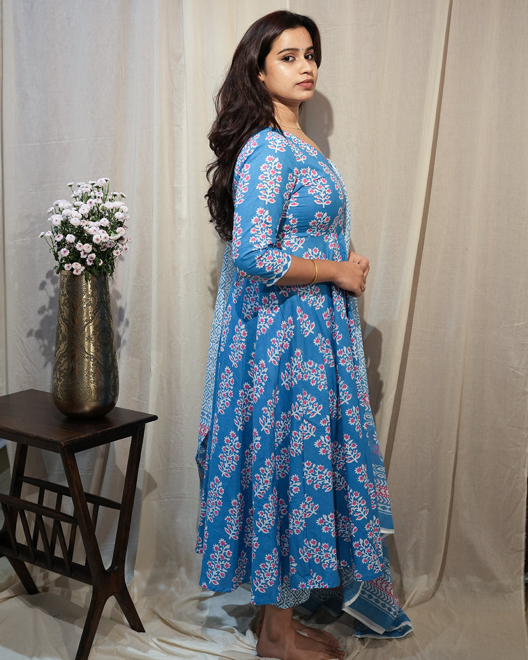 Blue Floral Anarkali Kurta Set with Dupatta