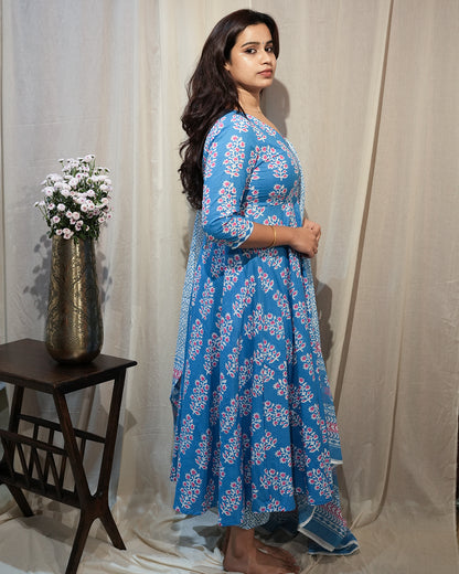 Blue Floral Anarkali Kurta Set with Dupatta