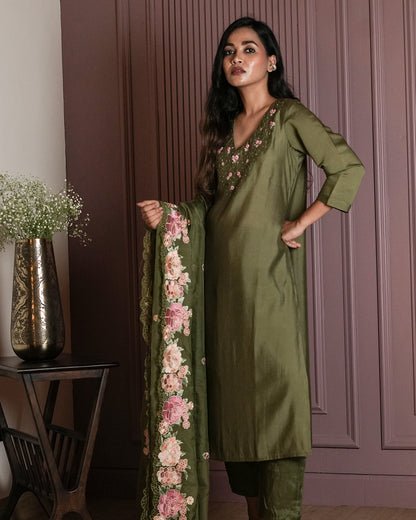 Olive Green Floral Embroidered Suit Set