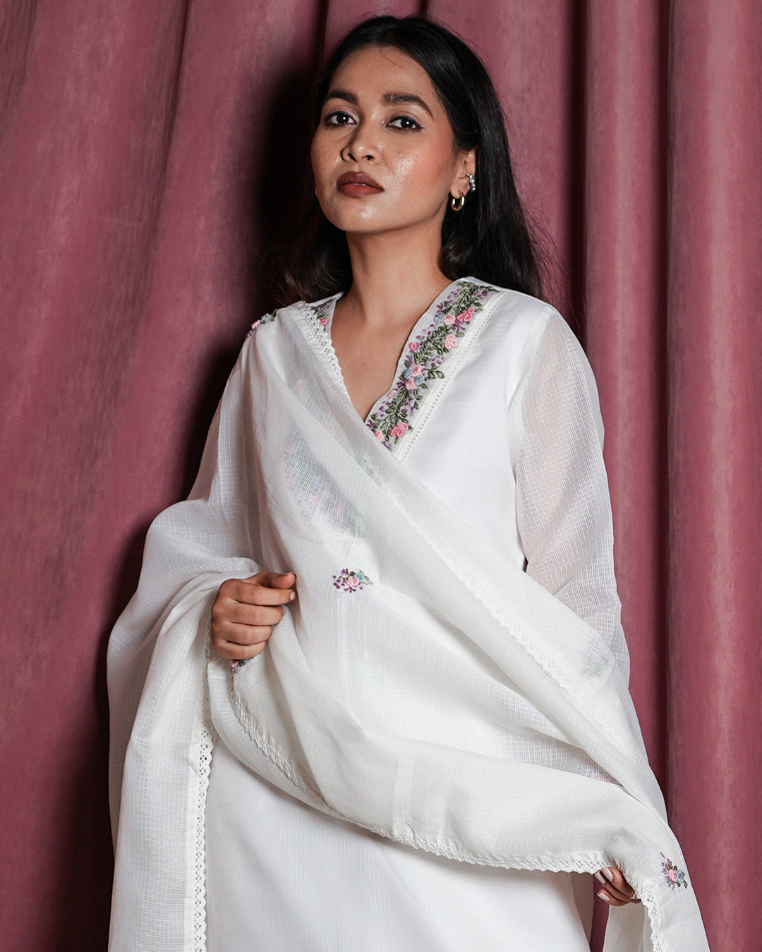 White Floral-Embroidered Ethnic Suit Set