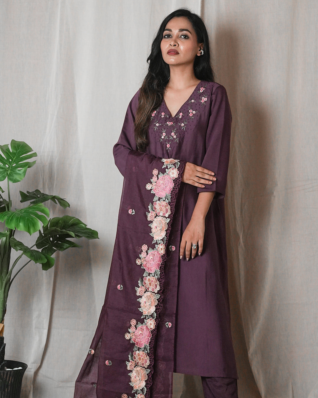 Plum Embroidered Suit Set