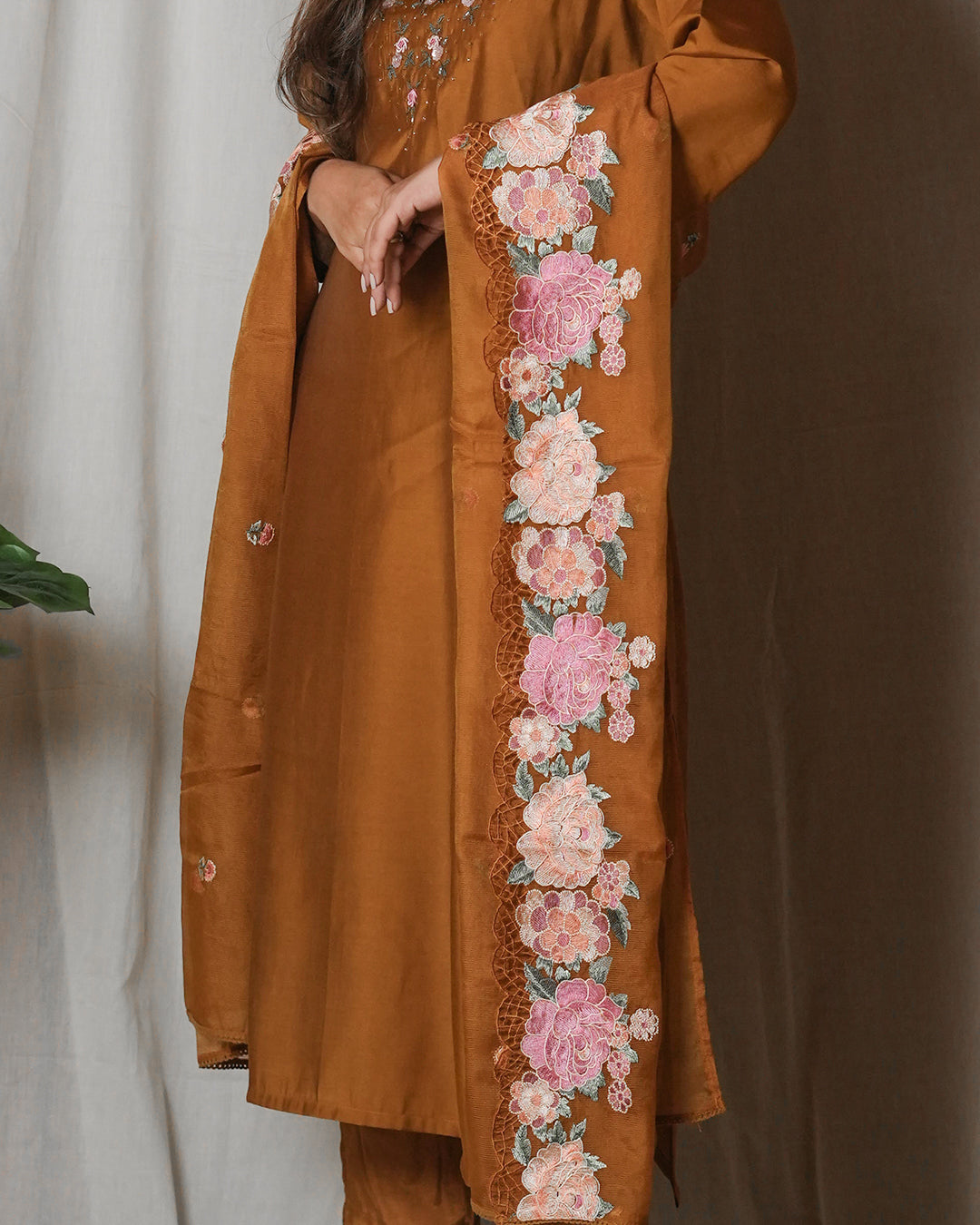 Rust Brown Floral-Embroidered Suit Set