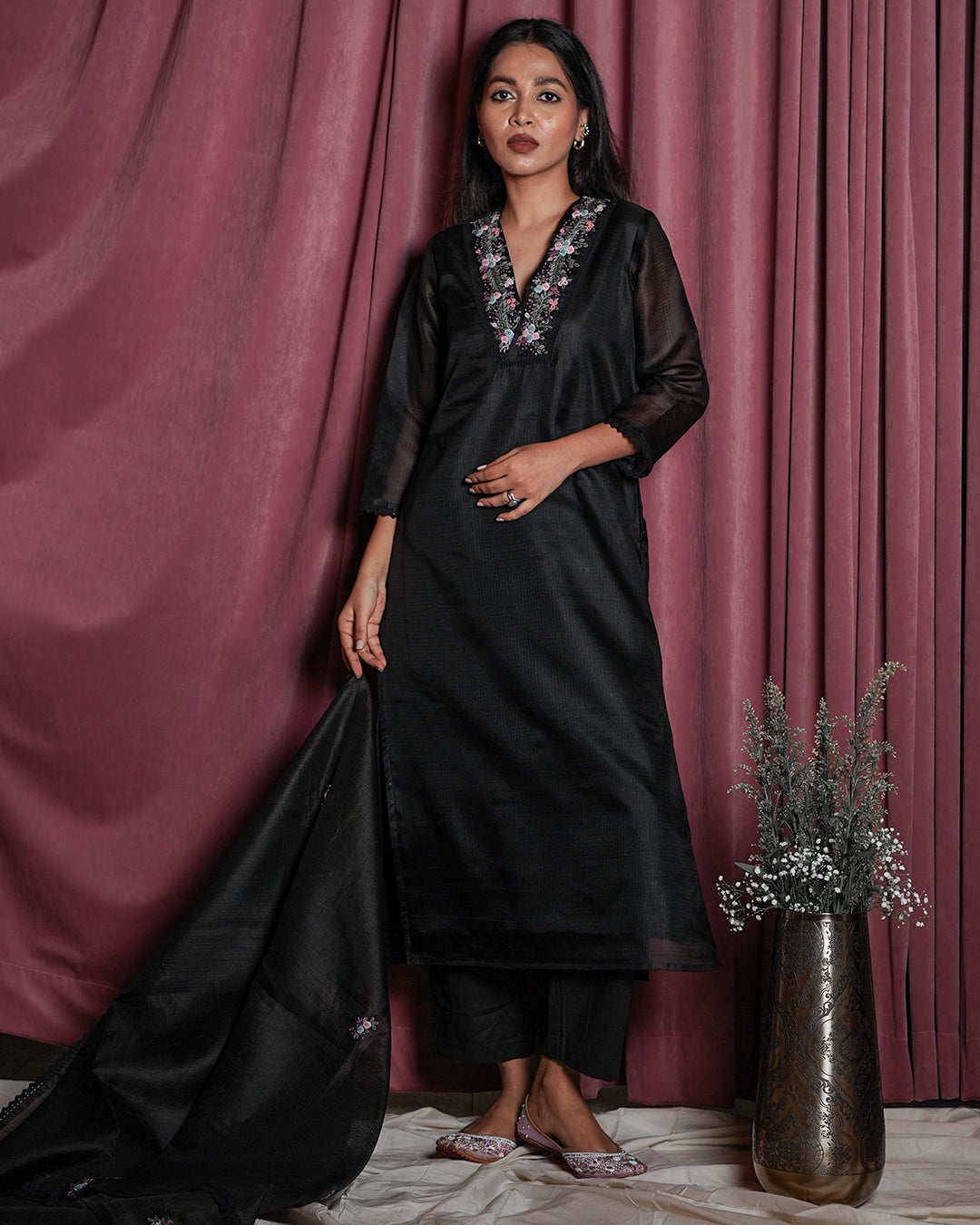 Black Floral-Embroidered Yoke Suit Set