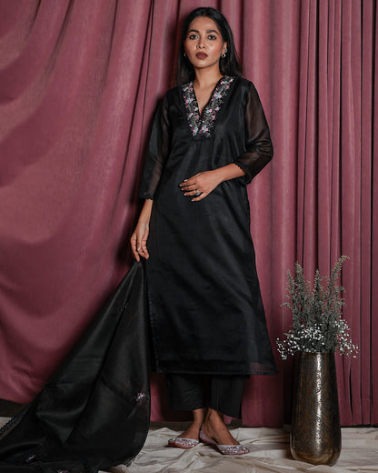 Black Floral-Embroidered Yoke Suit Set