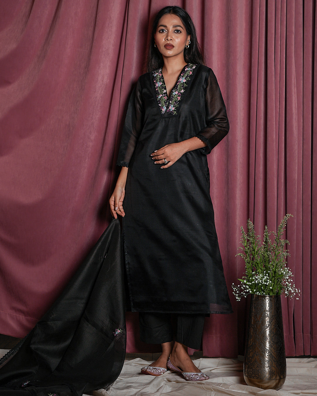 Black Floral-Embroidered Yoke Suit Set