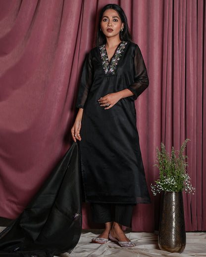 Black Floral-Embroidered Yoke Suit Set
