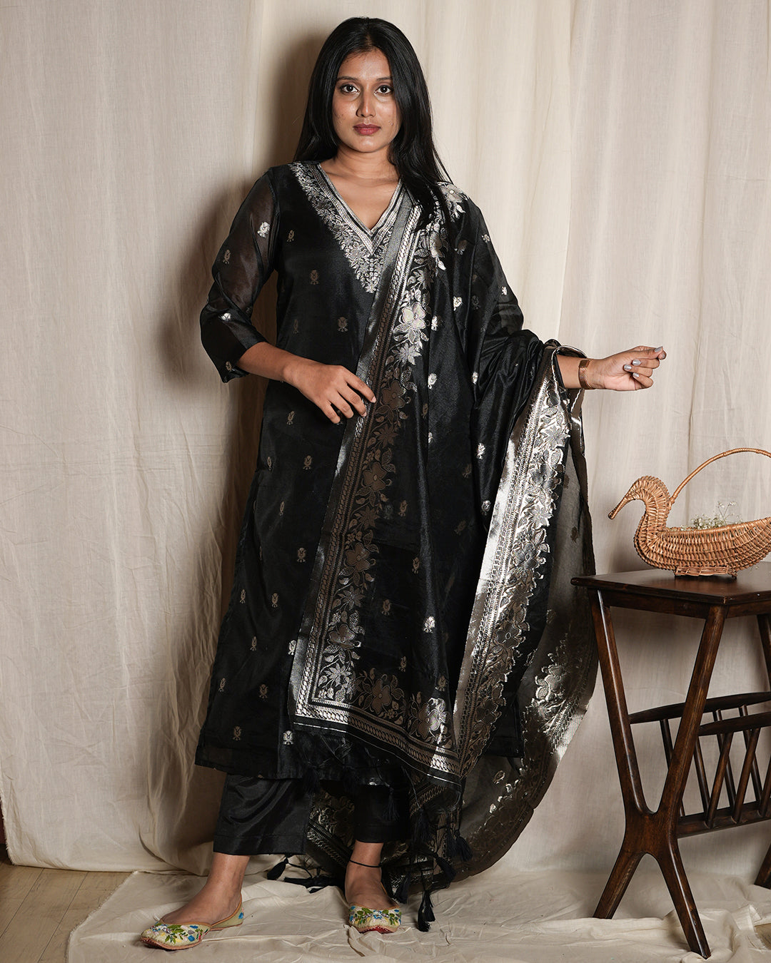 Black Handblock-Style Printed Banaras chanderi set
