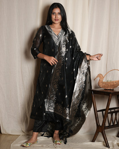 Black Handblock-Style Printed Cotton Suit Set