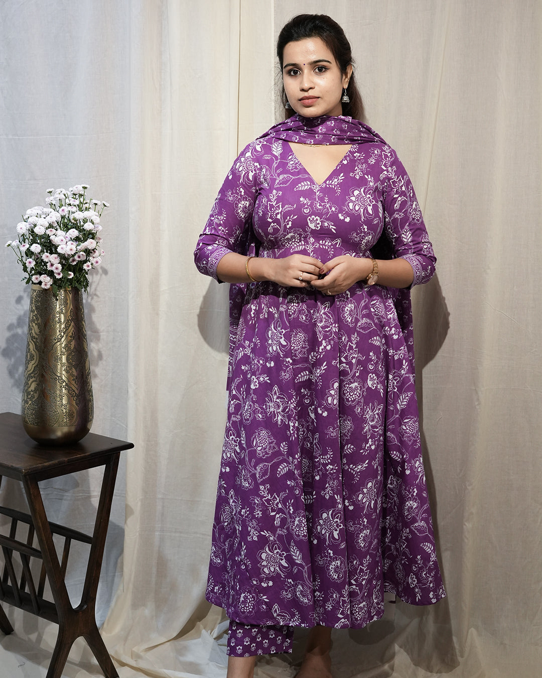Purple Floral Anarkali Kurta Set with Dupatta
