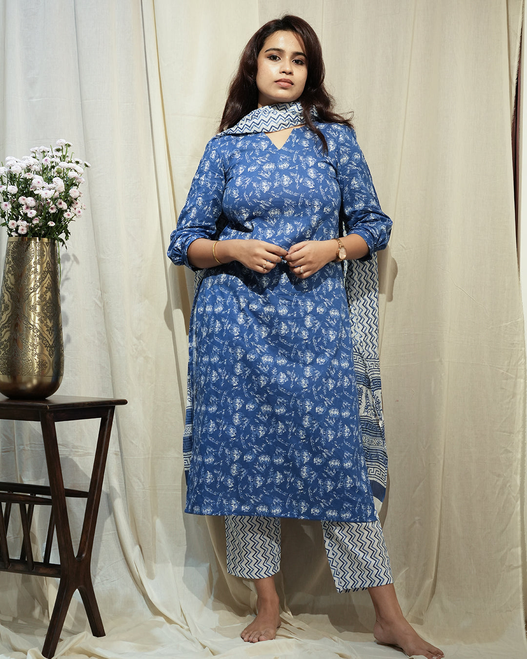 Blue Handblock-Style Printed Kurta Set with Dupatta