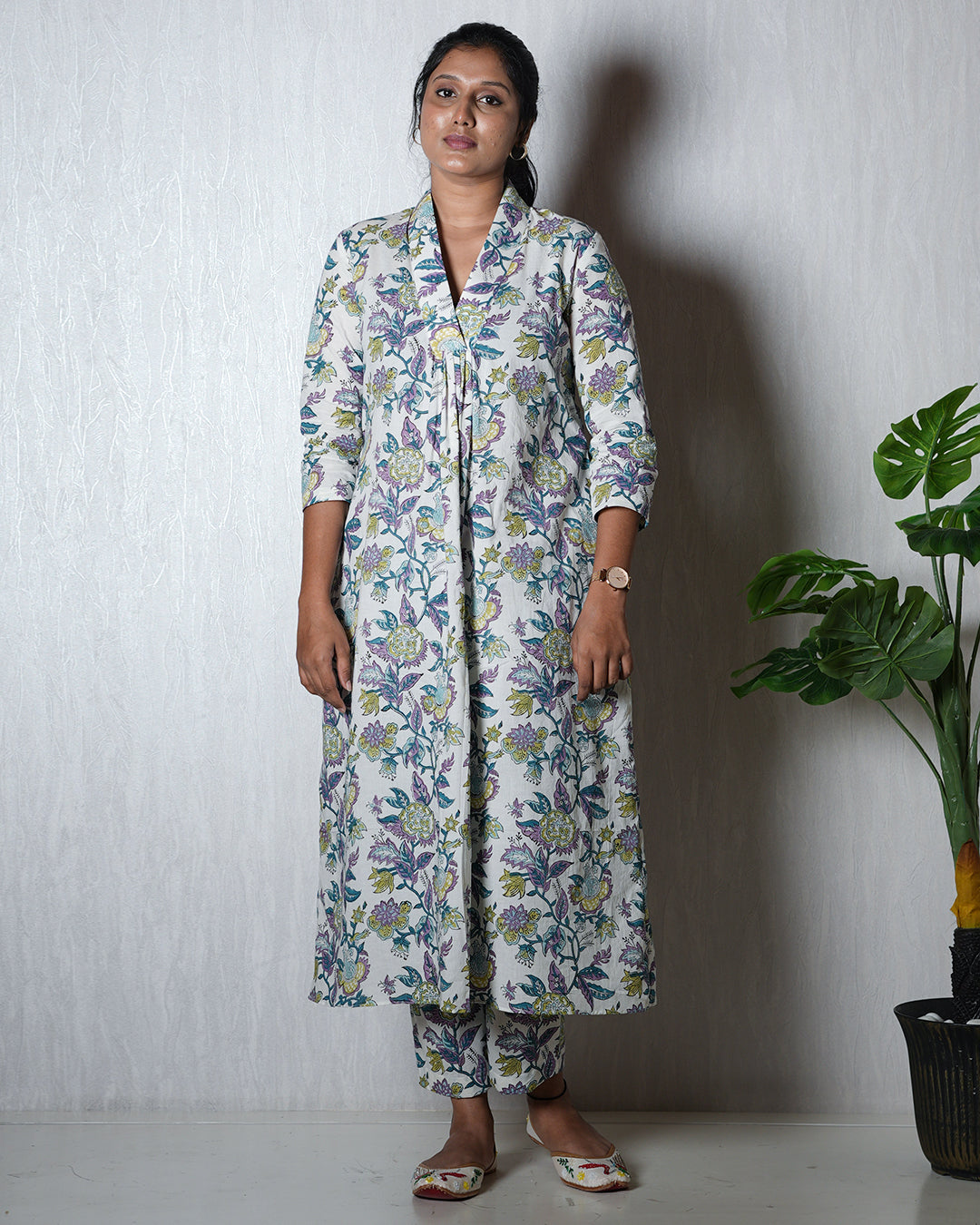 White Floral Hand block Kurta Set