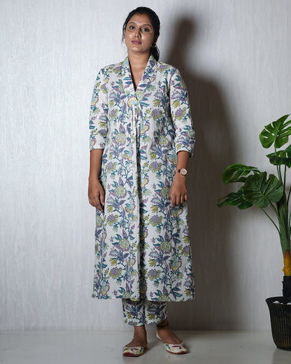 White Floral Hand block Kurta Set