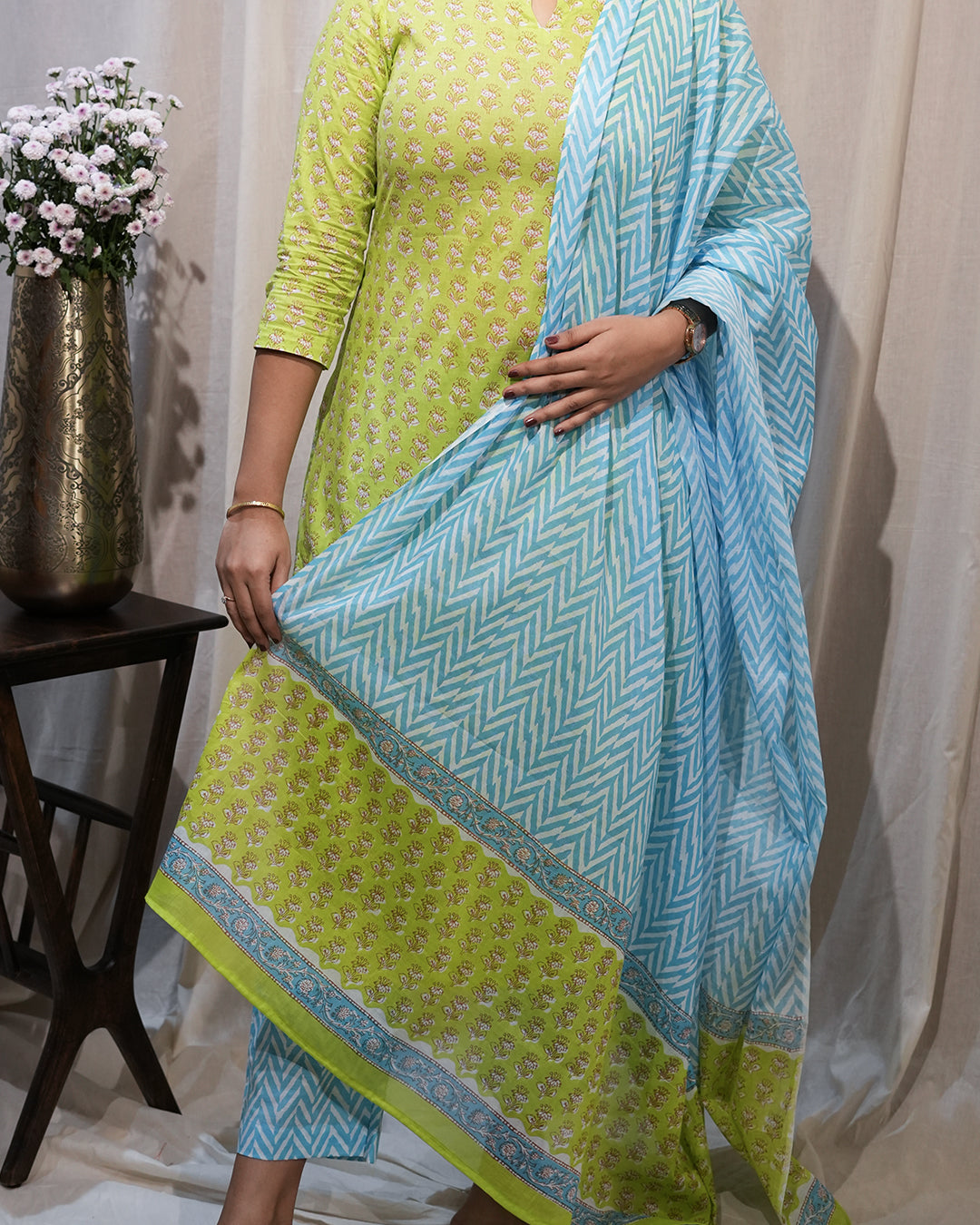 Lime Green Printed Kurta Set with Sky Blue Dupatta
