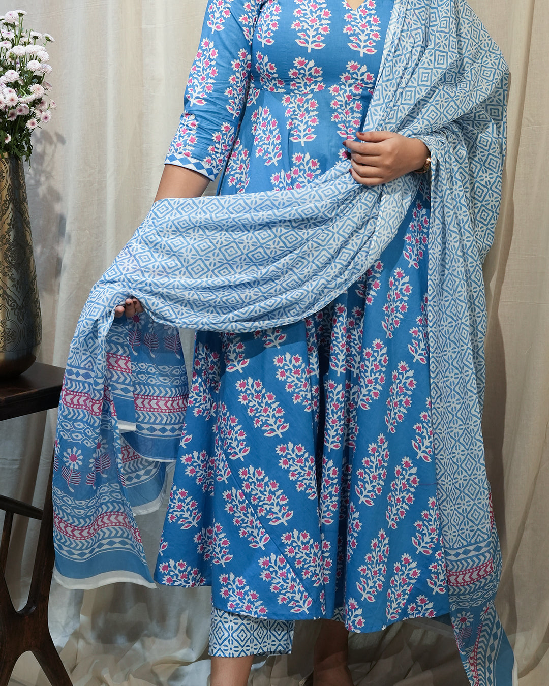 Blue Floral Anarkali Kurta Set with Dupatta