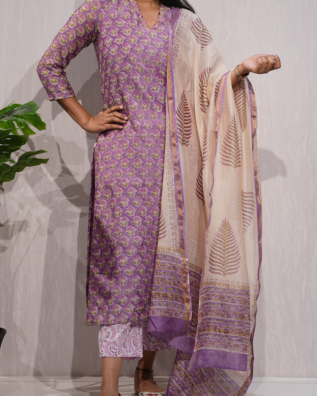 Lavender Handblock-Style Printed Cotton Suit Set
