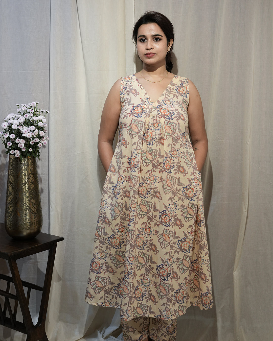 Beige Floral Sleeveless A-Line Kurta Set