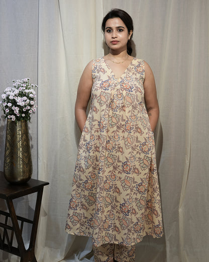 Beige Floral Sleeveless A-Line Kurta Set