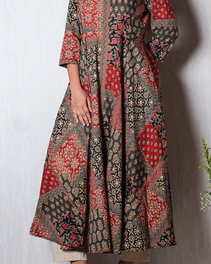 Black &amp; Red Patch-Print Anarkali Kurta