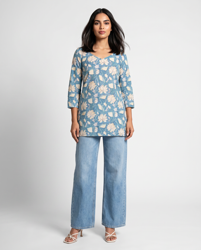 Blue Floral Printed Short Kurta