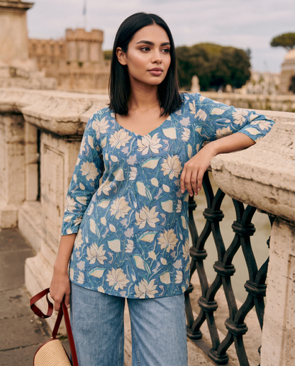 Blue Floral Printed Short Kurta