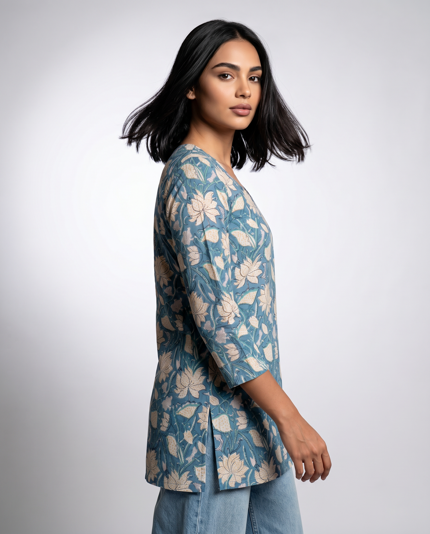 Blue Floral Printed Short Kurta