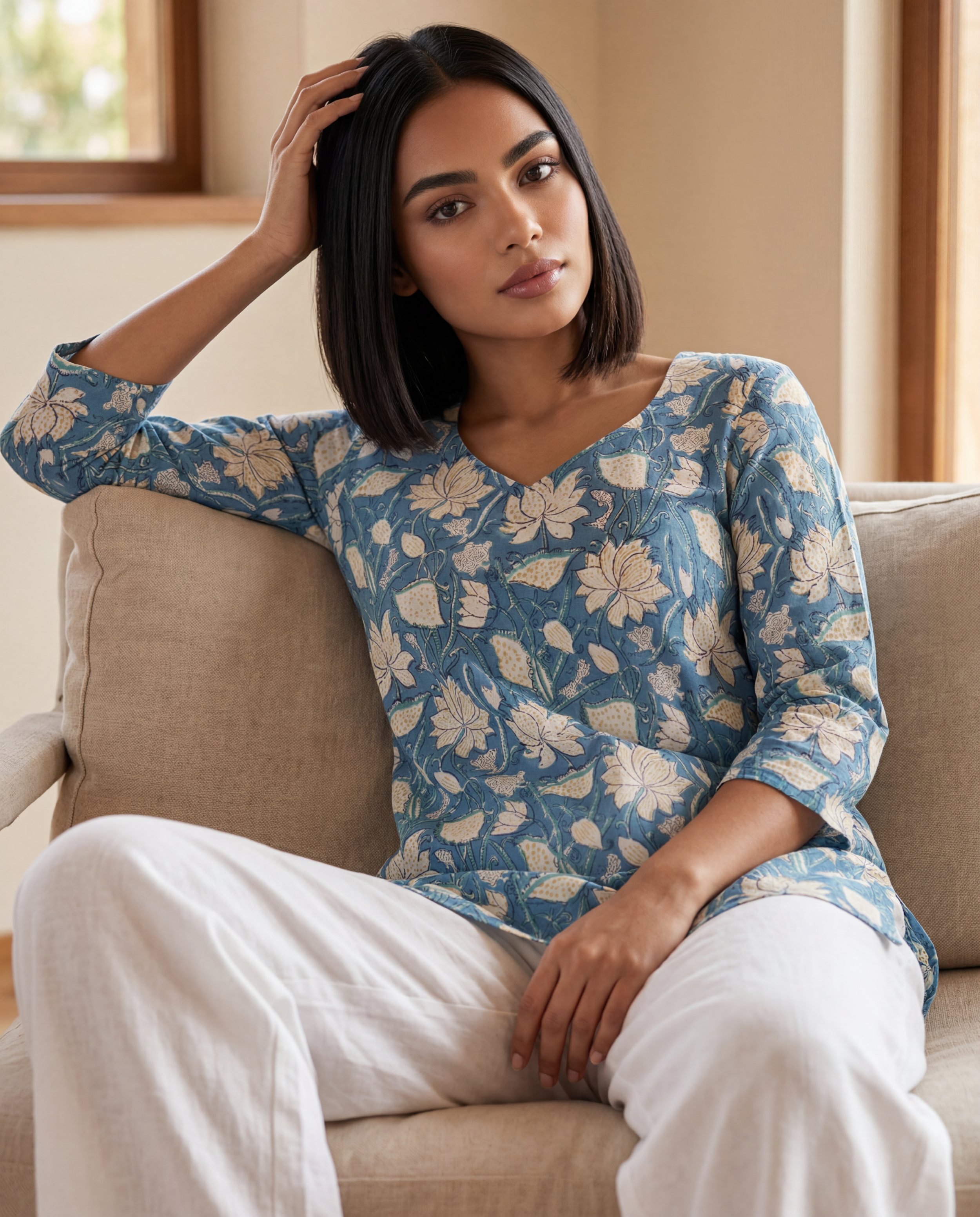 Blue Floral Printed Short Kurta