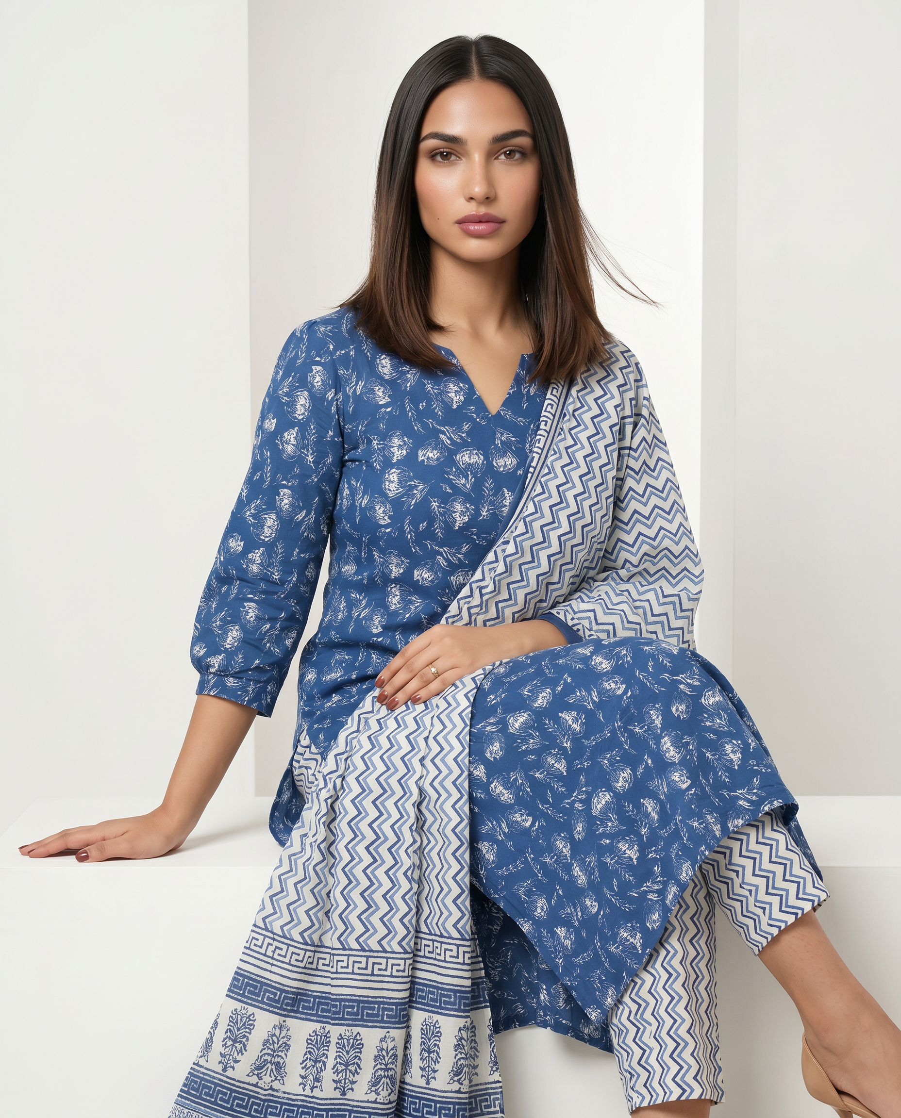 Blue Handblock-Style Printed Kurta Set with Dupatta