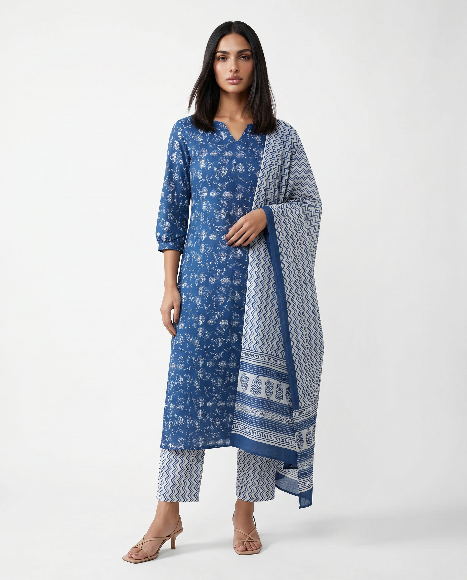 Blue Handblock-Style Printed Kurta Set with Dupatta