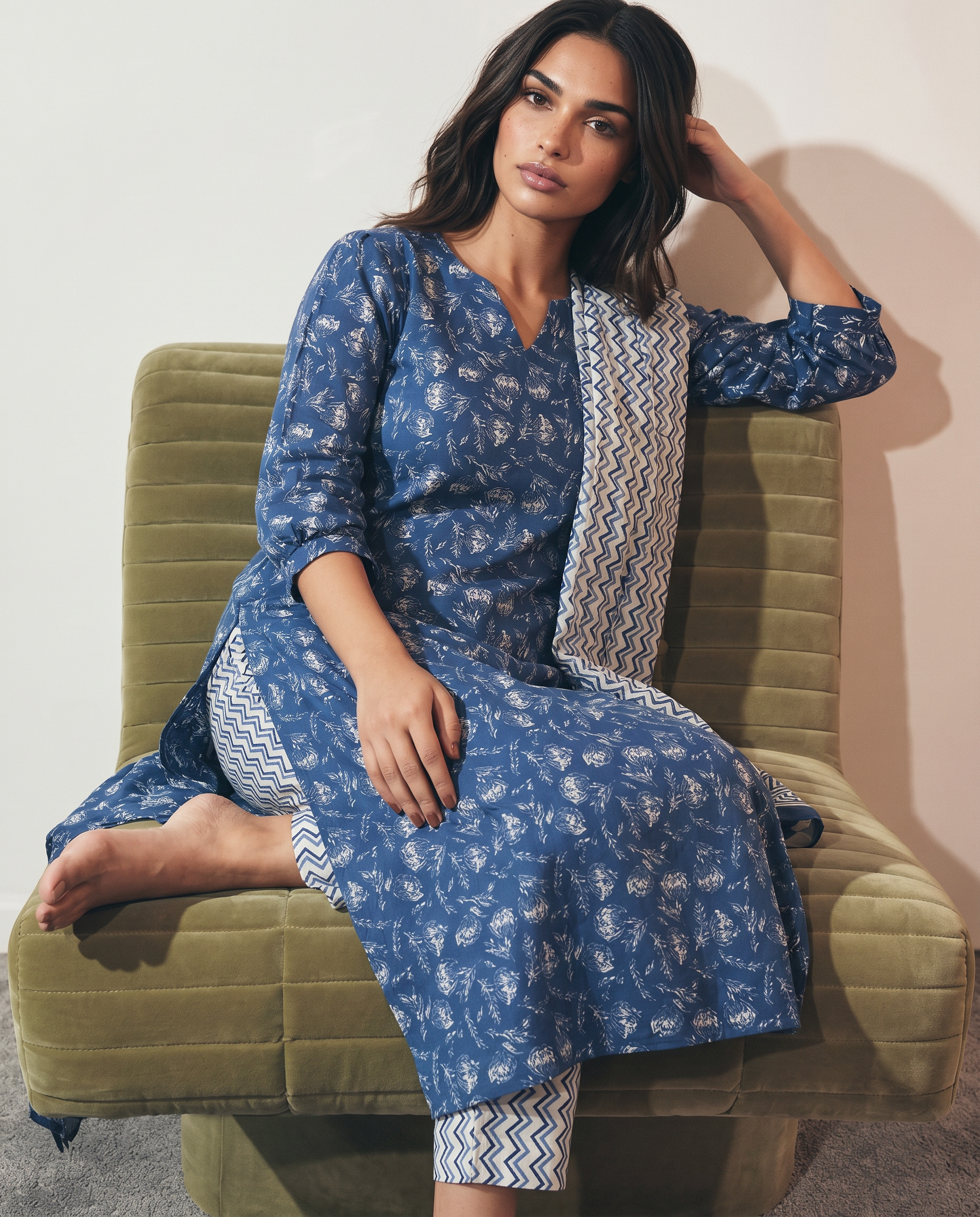Blue Handblock-Style Printed Kurta Set with Dupatta