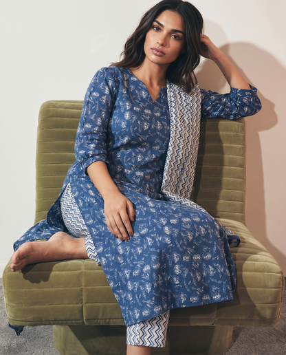 Blue Handblock-Style Printed Kurta Set with Dupatta