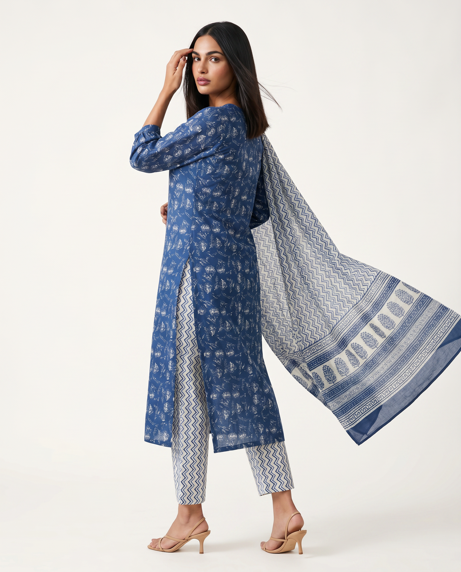 Blue Handblock-Style Printed Kurta Set with Dupatta