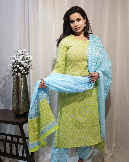 Lime Green Printed Kurta Set with Sky Blue Dupatta
