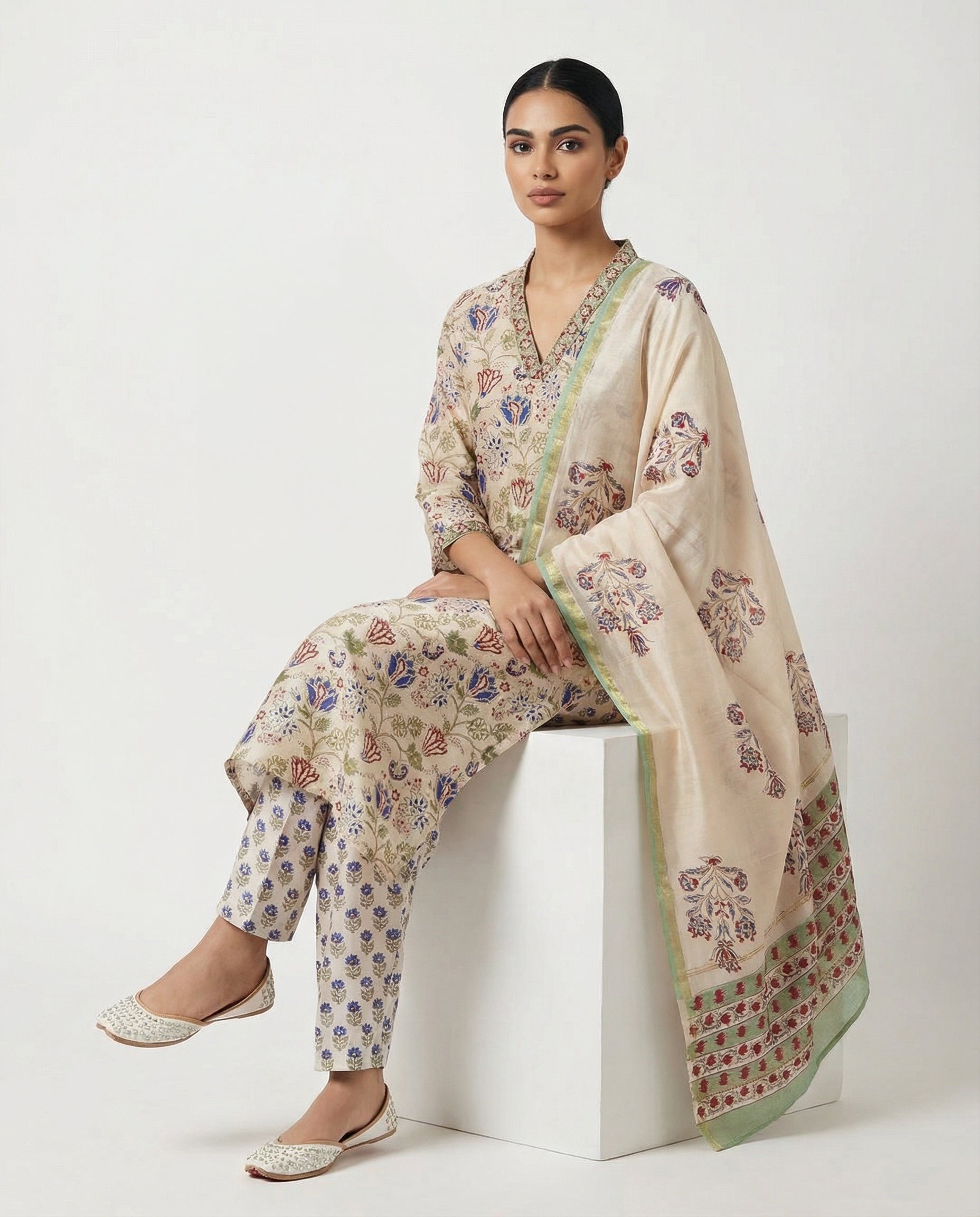 Elegant cream-coloured kurta and dupatta set