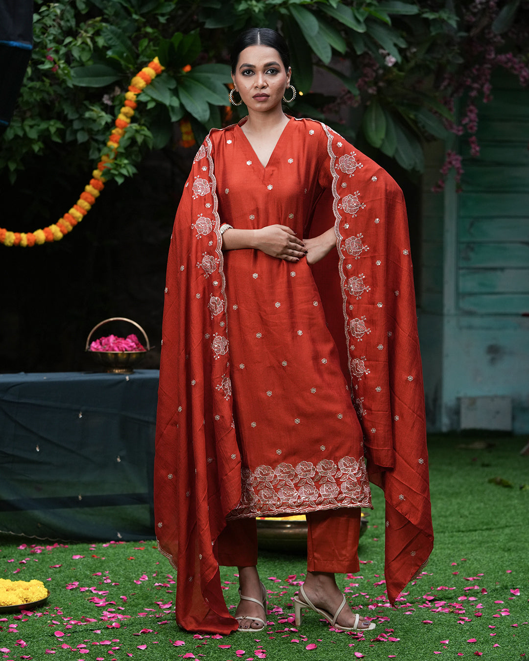 festive elegance with this beautiful rust-orange ethnic set